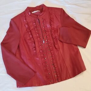 Peter Nygard  Petites Red Mixed Media Leather Studded Short Zipper Jacket